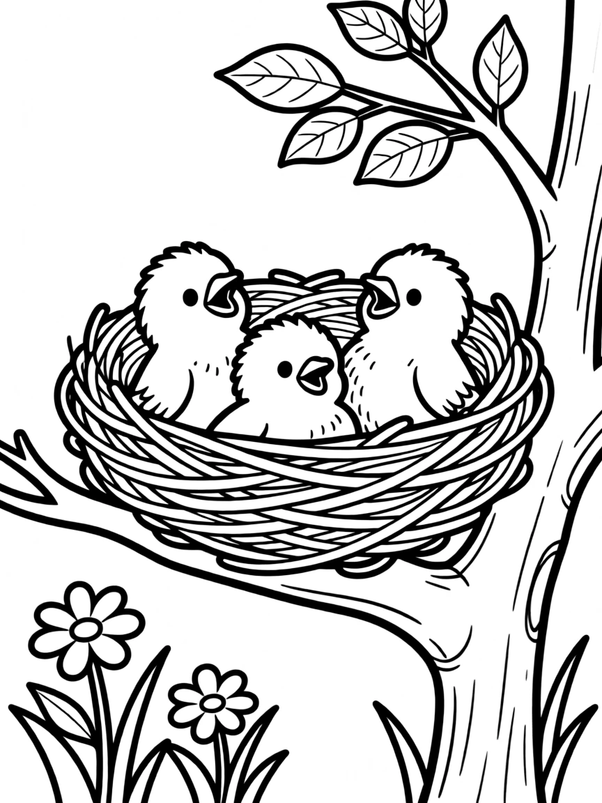 A nest with three baby birds waiting to be fed  