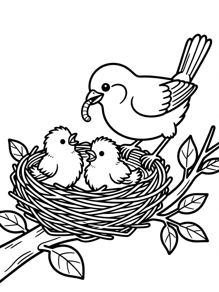 A mother sparrow feeding her chicks in a nest  