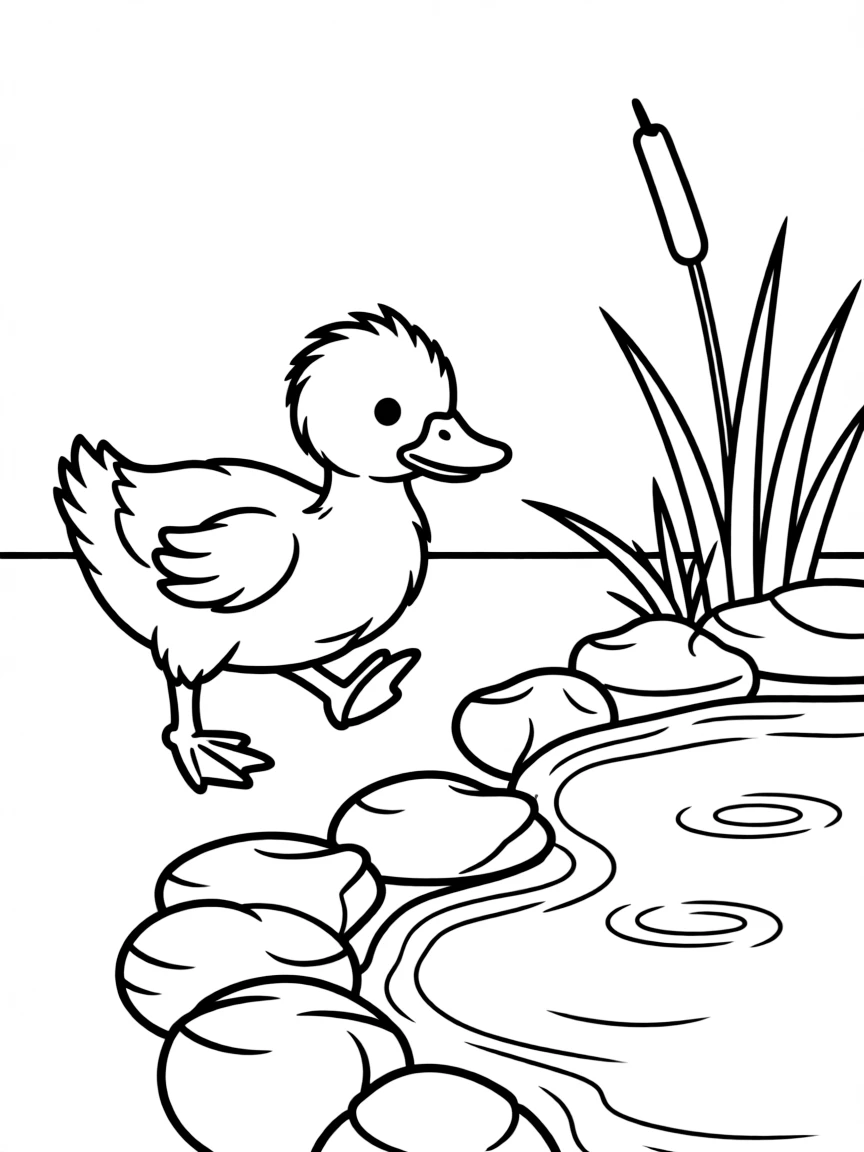 A baby duckling waddling near a pond  
