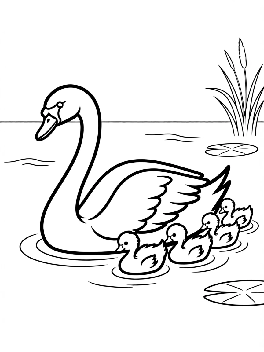 A group of baby swans following their mother on a lake  