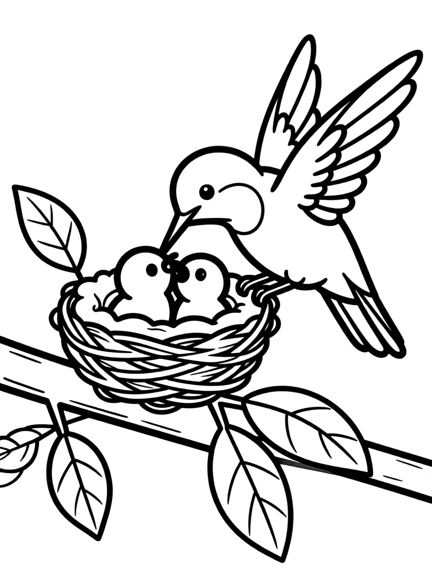 A hummingbird feeding its tiny babies in a nest  