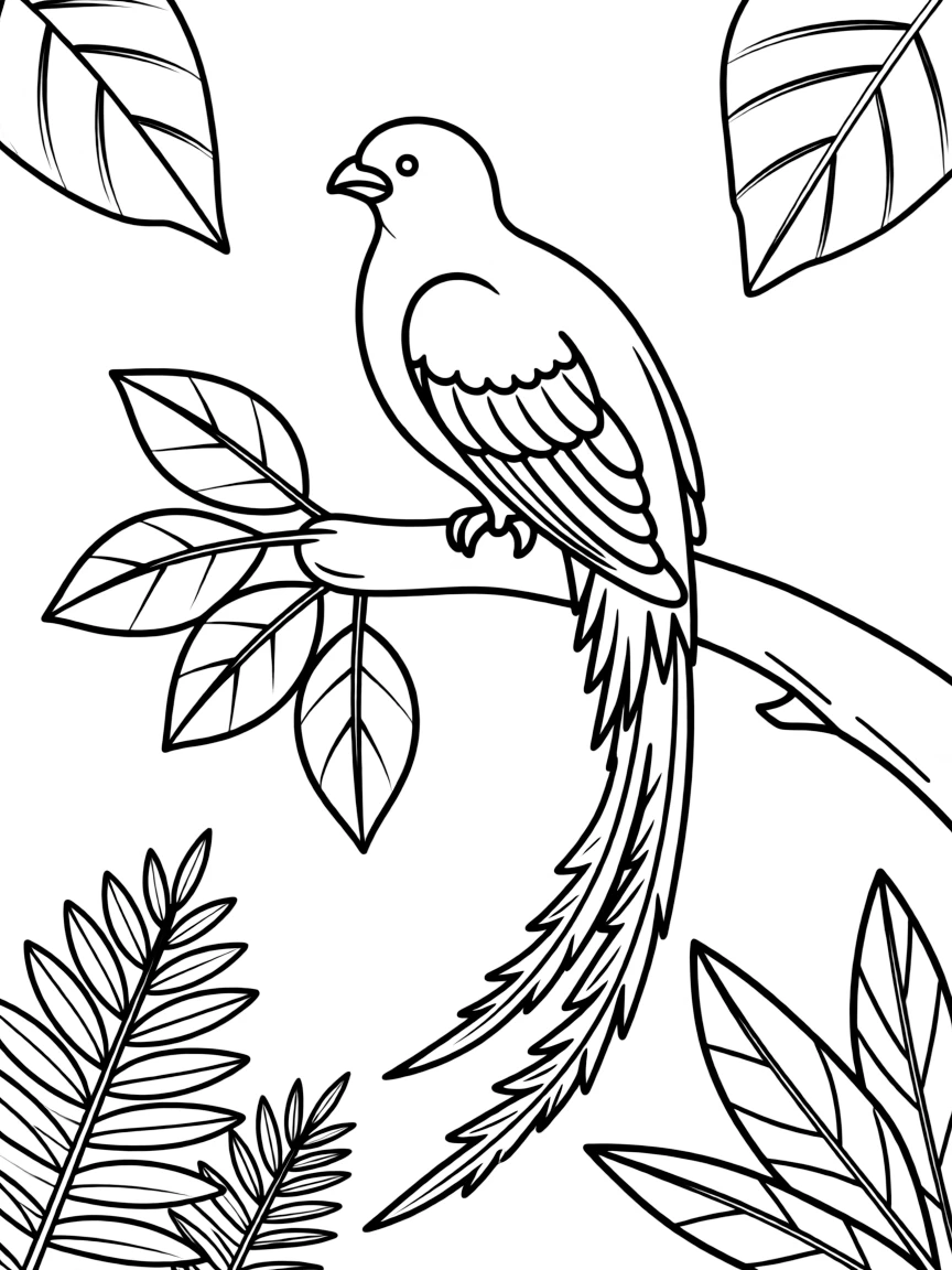 A quetzal bird sitting on a rainforest branch  