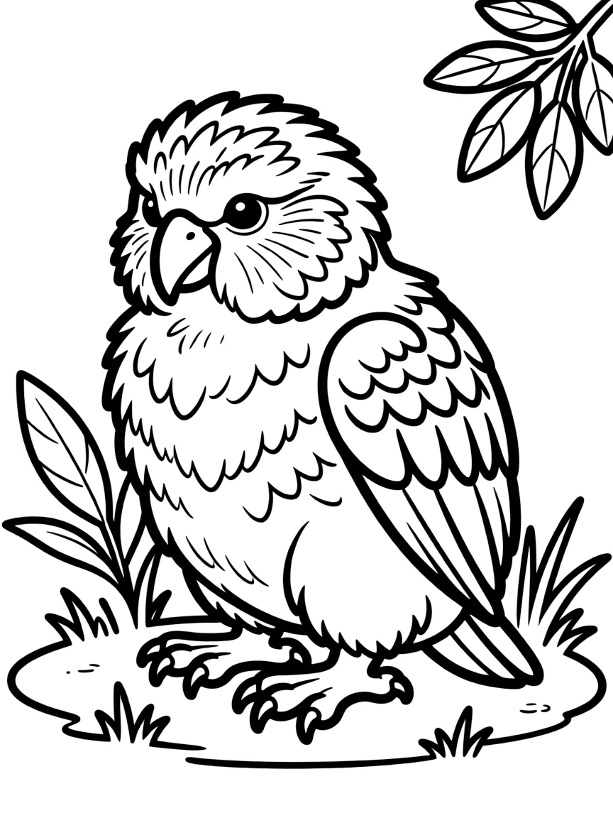 A kakapo, the rare nocturnal parrot, sitting on the ground  