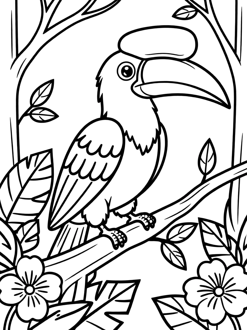 A hornbill with a large beak in a tropical jungle  