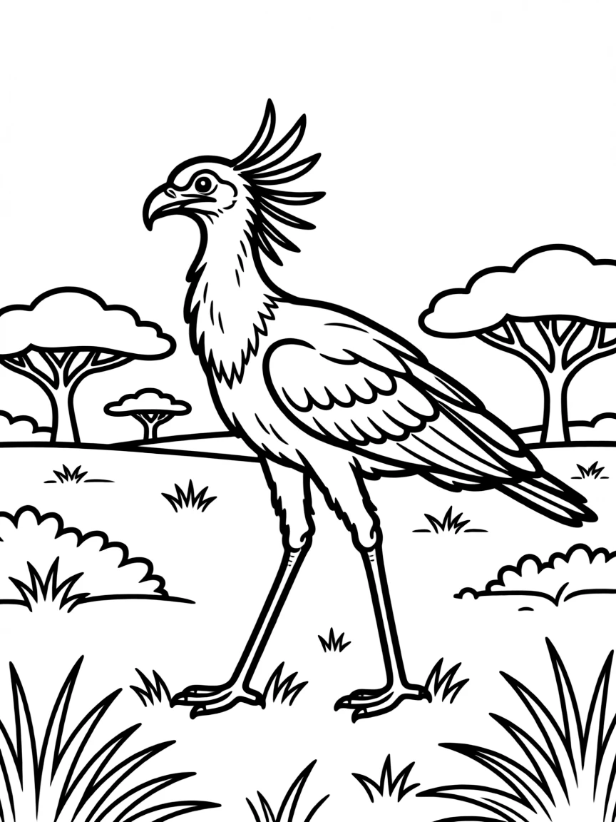 A secretary bird striding through the African savanna  