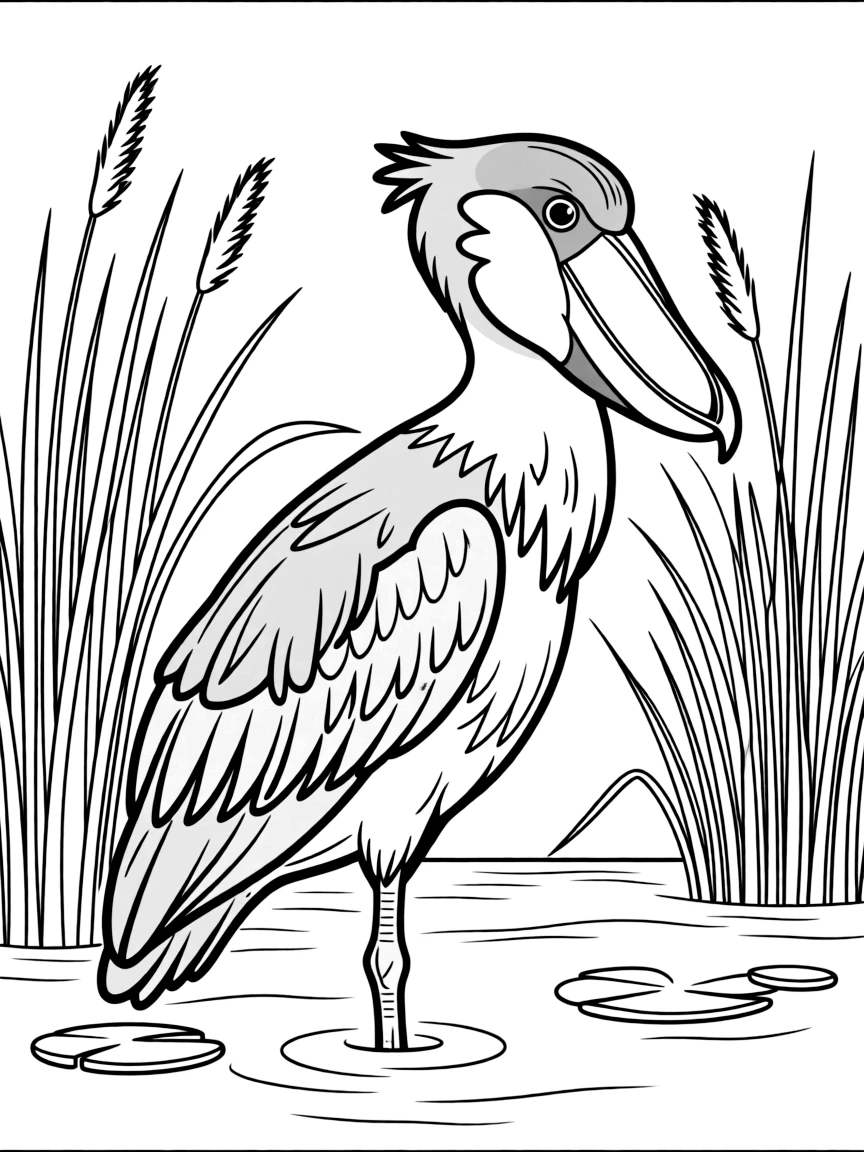 A shoebill stork standing in the marshes  