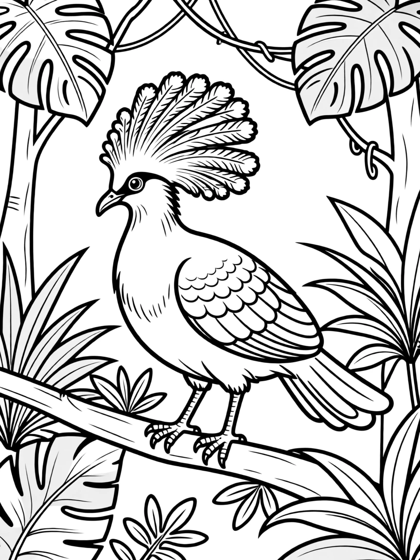 A Victoria crowned pigeon in a jungle setting  