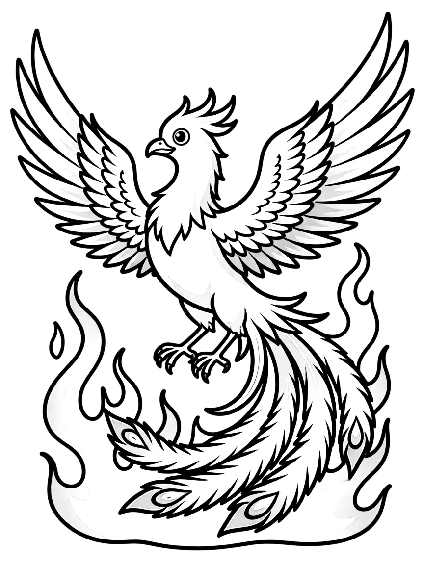 A phoenix rising from flames with glowing feathers  