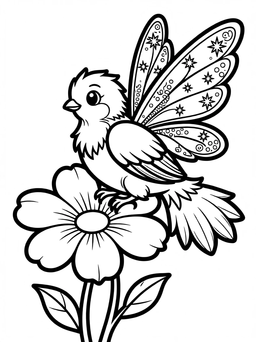 A fairy bird with glittering wings sitting on a flower  