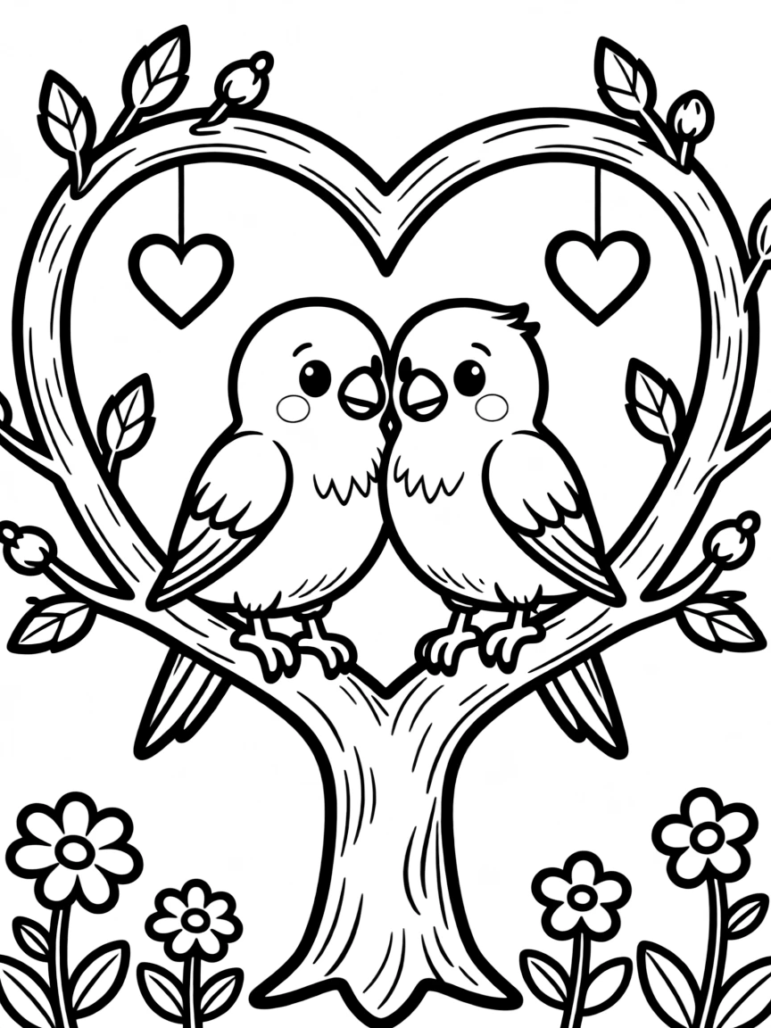 A lovebird couple sitting on a heart-shaped branch for Valentine’s Day  
