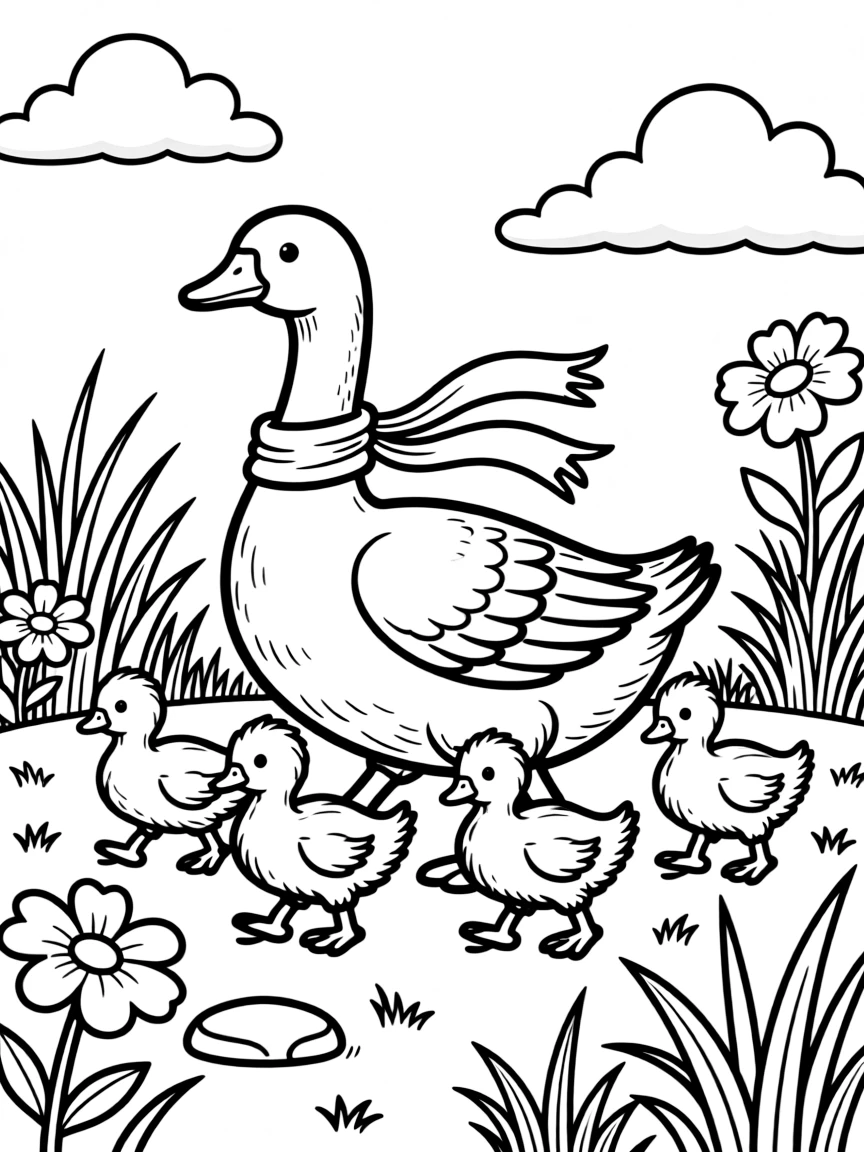 A goose leading a group of ducklings through a spring meadow  