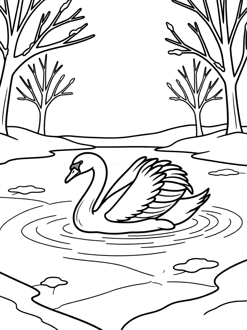A swan gliding across a frozen lake in winter  