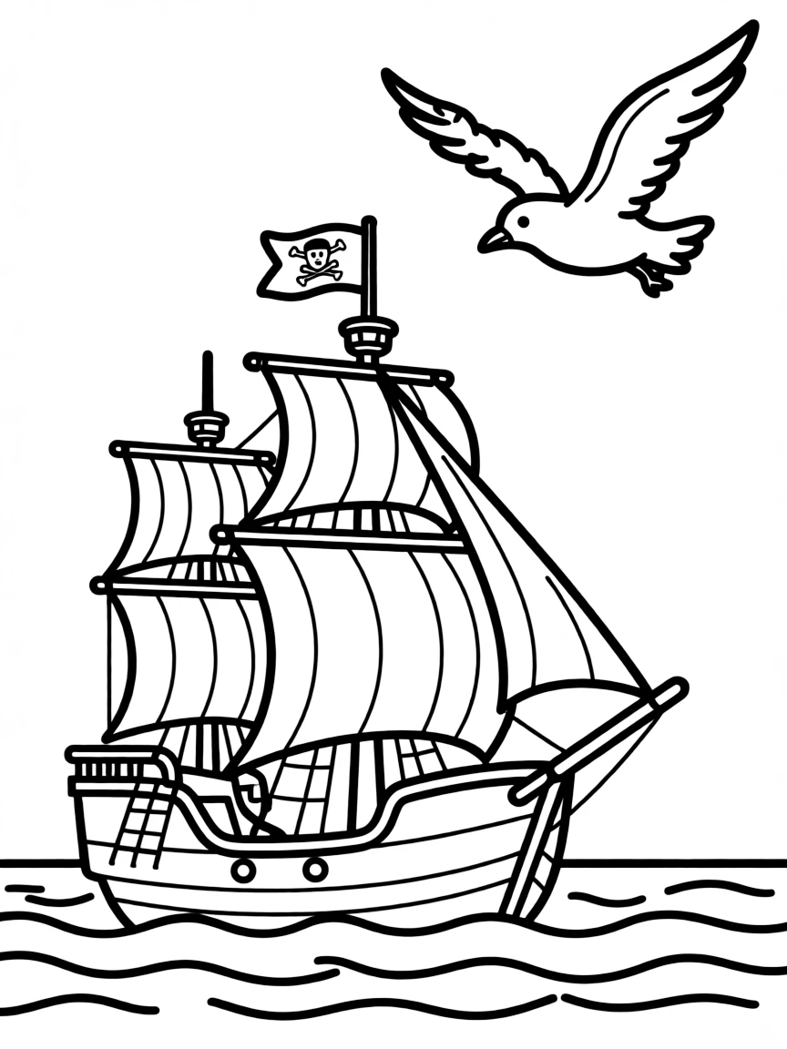 A seagull flying above a pirate ship at sea  