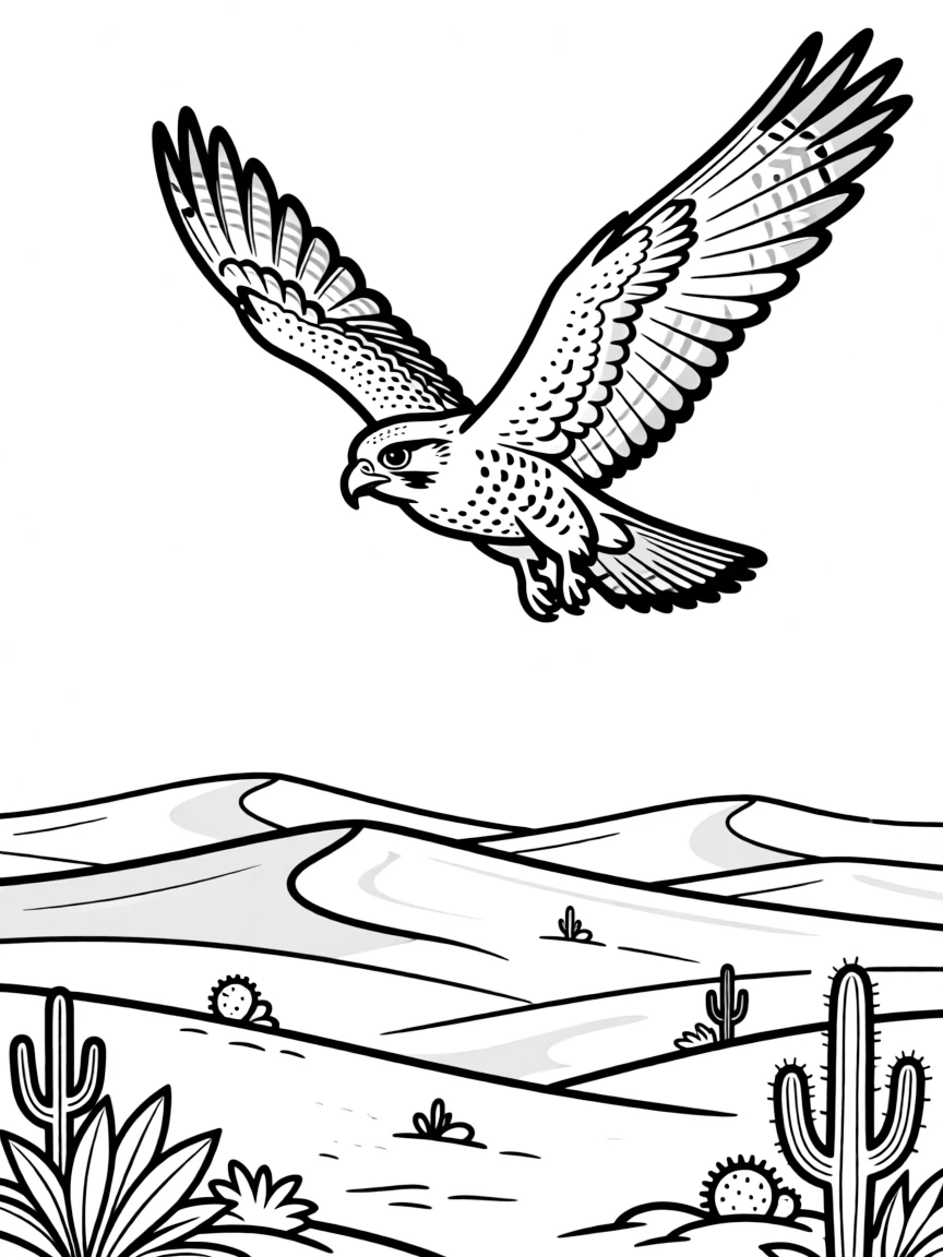 A falcon soaring above a vast desert  