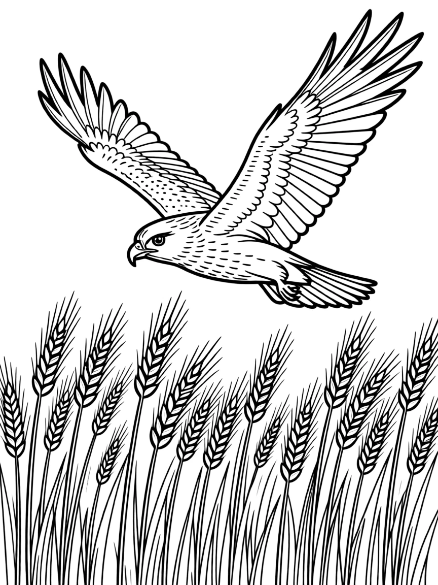 A hawk flying over a golden wheat field  