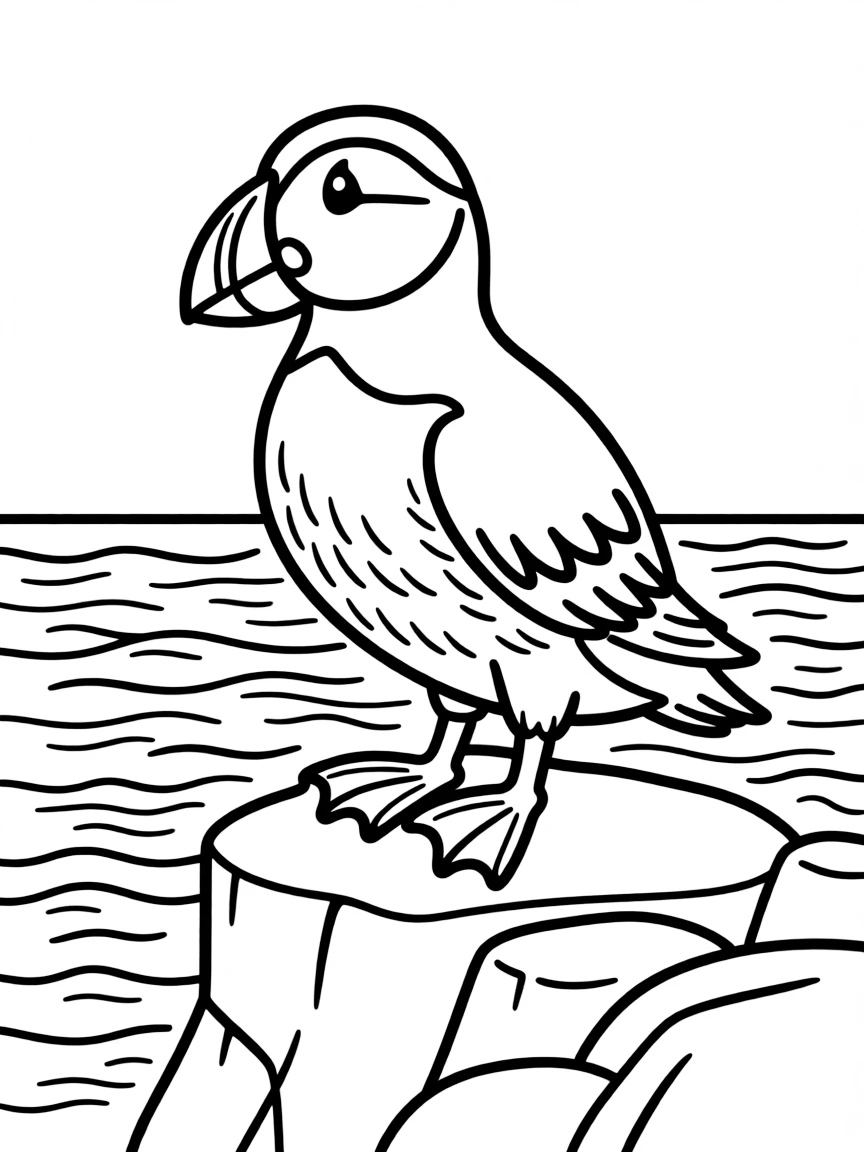 A puffin standing on a rocky cliff by the ocean  