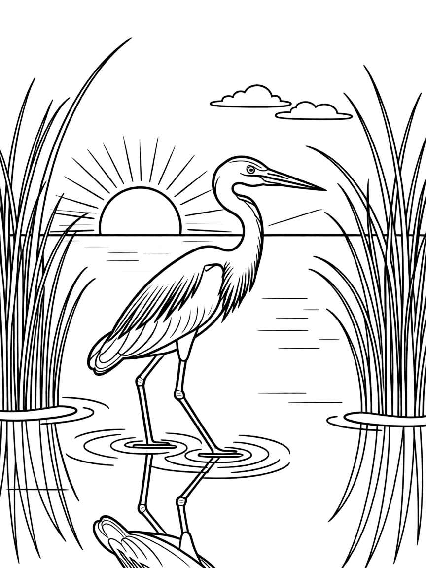 A heron walking through a quiet marsh at sunrise  