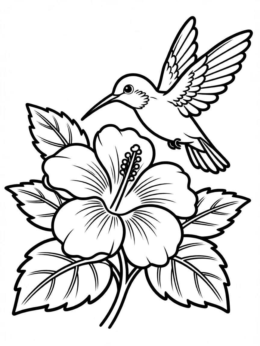 A hummingbird flying around a blooming hibiscus flower  