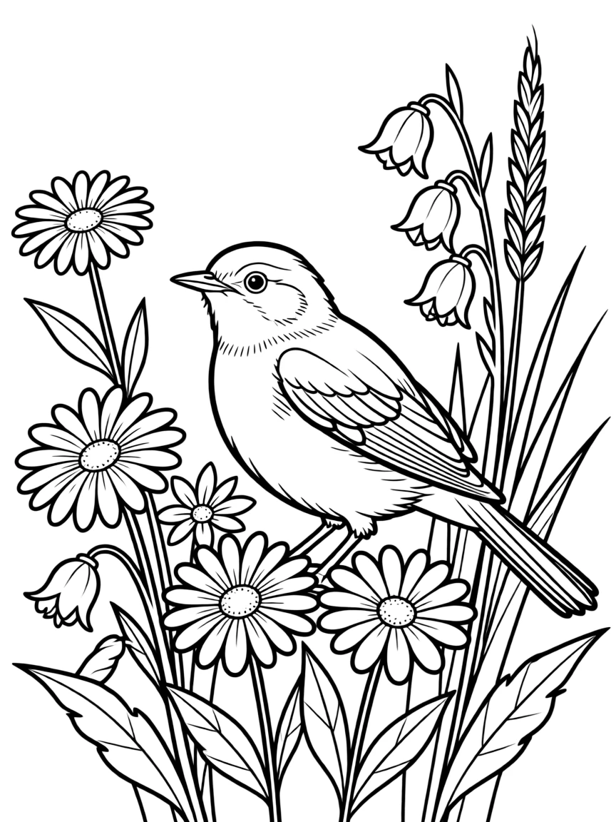 A warbler hidden among wildflowers  