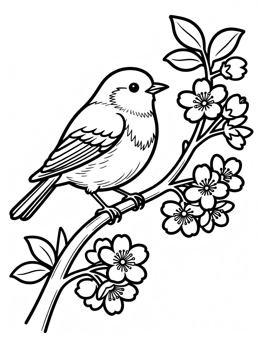 A robin perched on a cherry blossom branch  