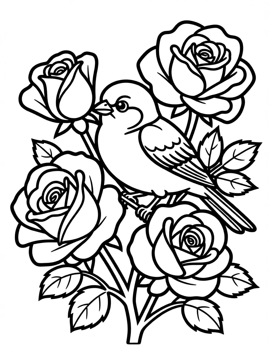 A sparrow peeking out from a rose bush  
