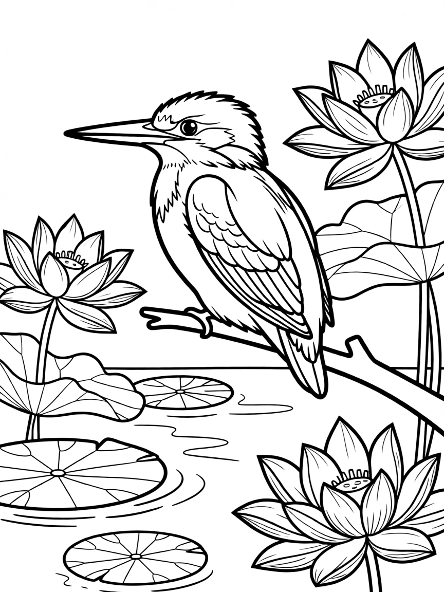 A kingfisher surrounded by lotus flowers on a pond  