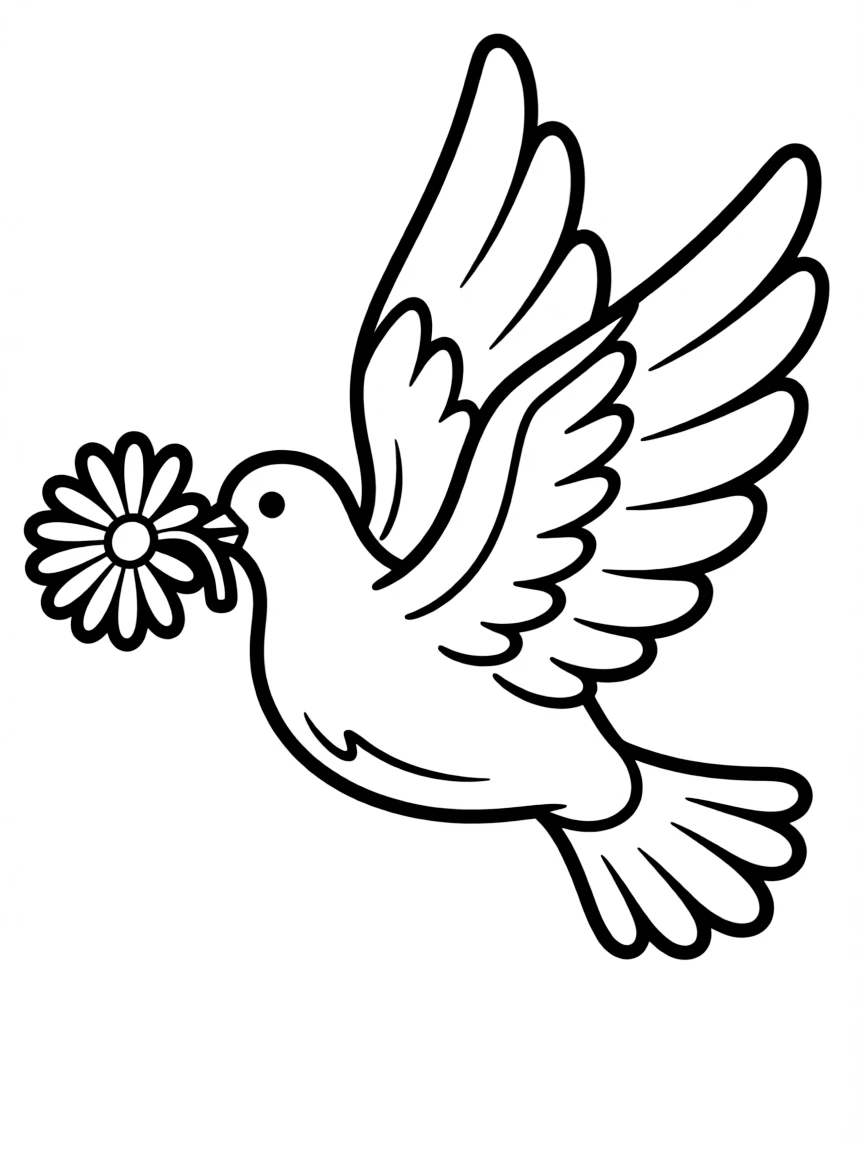 A dove flying with a daisy in its beak  