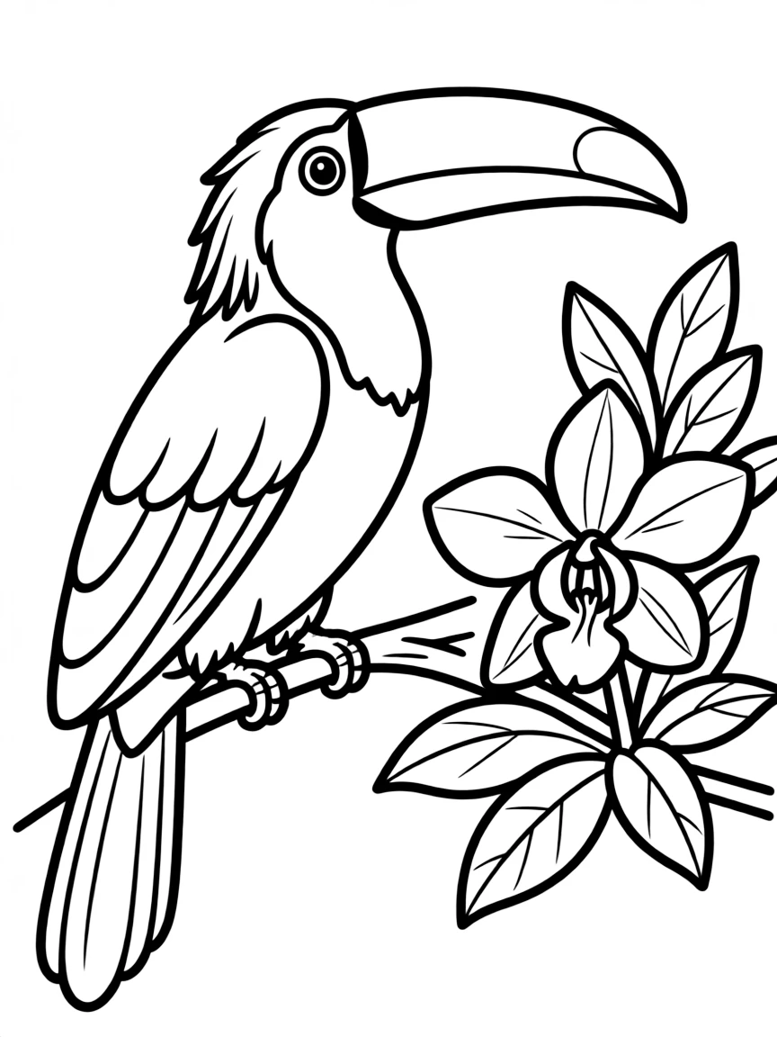 A toucan sitting next to an exotic orchid  