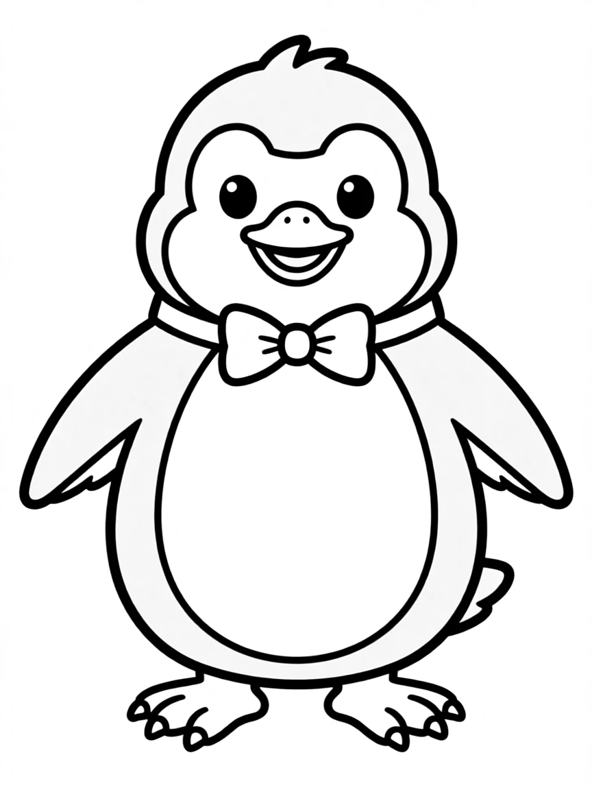 A chubby cartoon penguin wearing a bow tie  