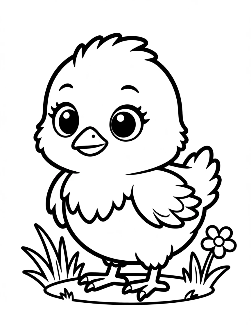 A baby chick with big eyes and fluffy feathers  