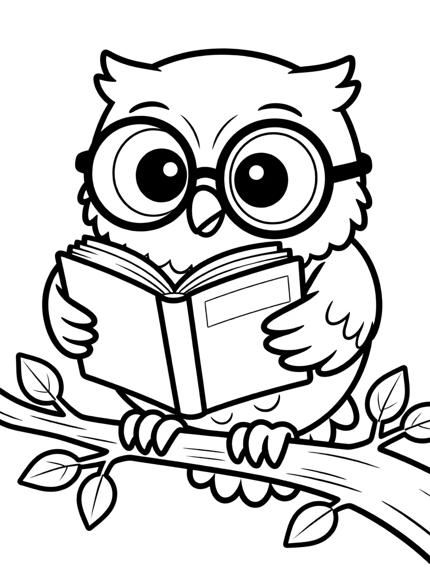 A cartoon owl with big glasses reading a book  
