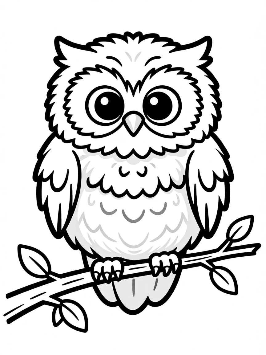 A round fluffy owl sitting on a tiny branch  