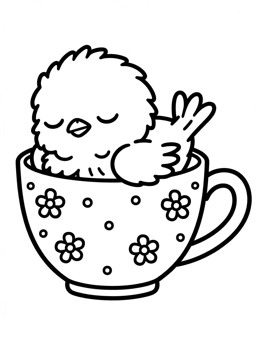 A sleepy bird snuggled inside a teacup  