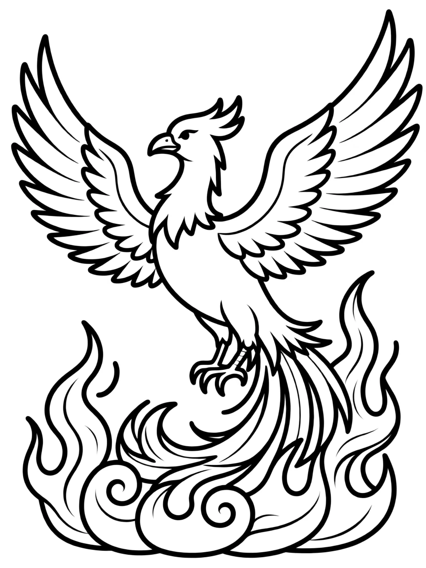 A stained glass-style phoenix rising from flames  