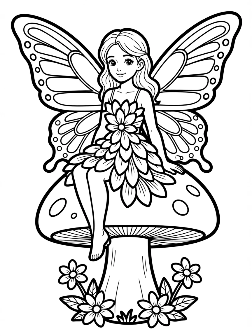 A fairy with butterfly wings sitting on a mushroom, wearing a dress made of flower petals