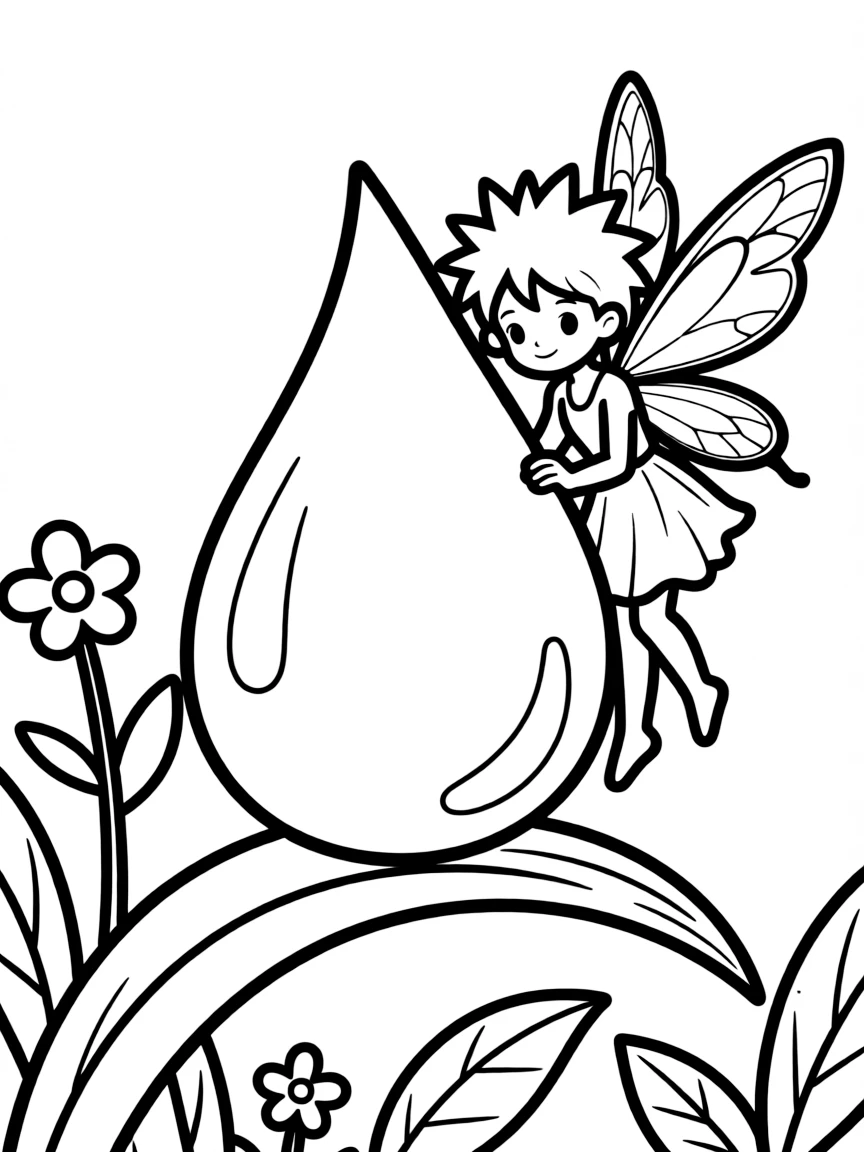A mischievous fairy with spiky hair hiding behind a dewdrop