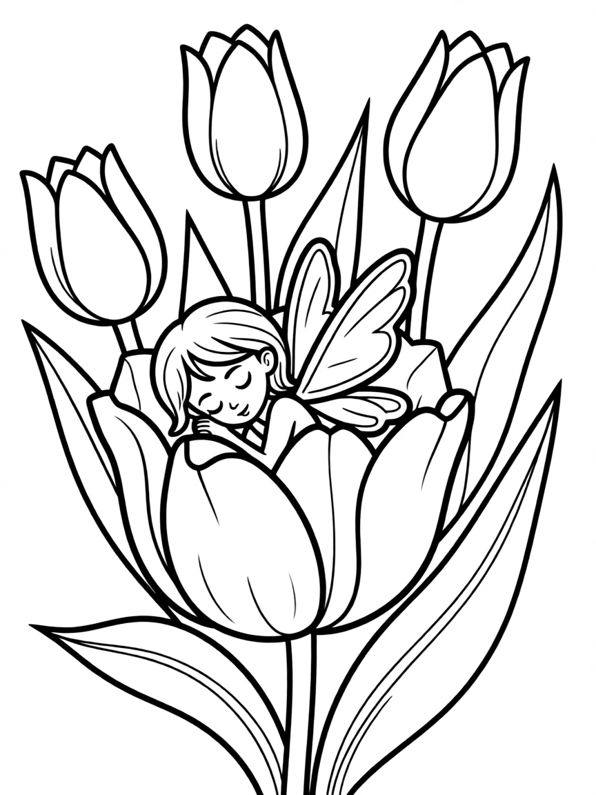 A sleeping fairy curled up in a tulip flower bed
