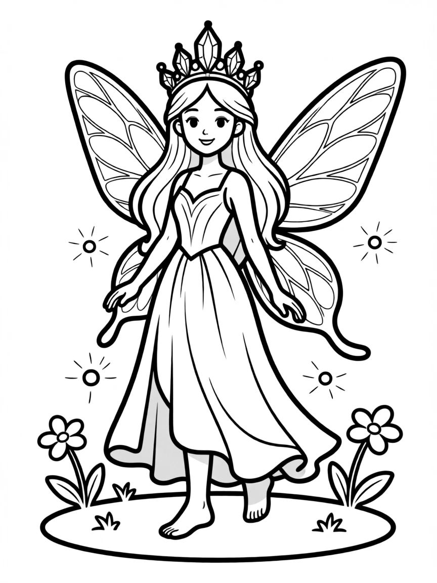 A fairy queen with an elaborate crown of crystals and a flowing gown