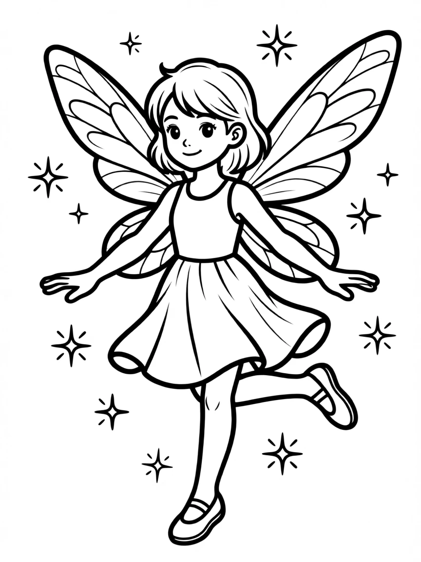 A young fairy learning to fly, with training wings and a determined expression
