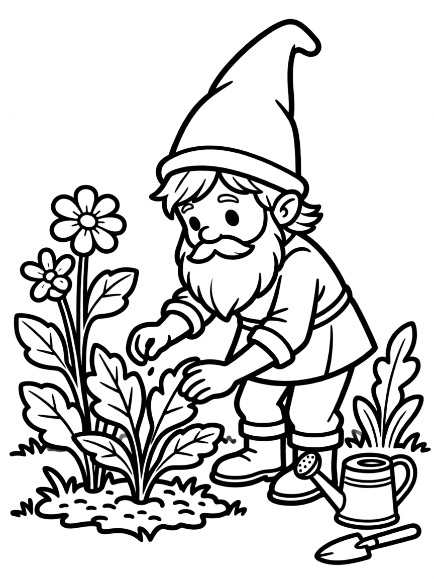 A bearded garden gnome fairy with a pointy hat tending to plants