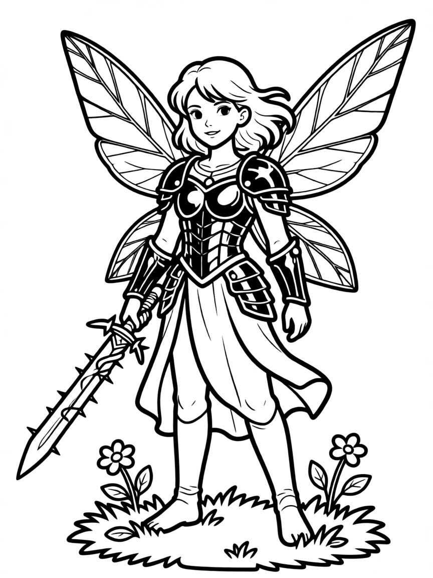 A fairy warrior with armor made of beetle shells and a thorn sword