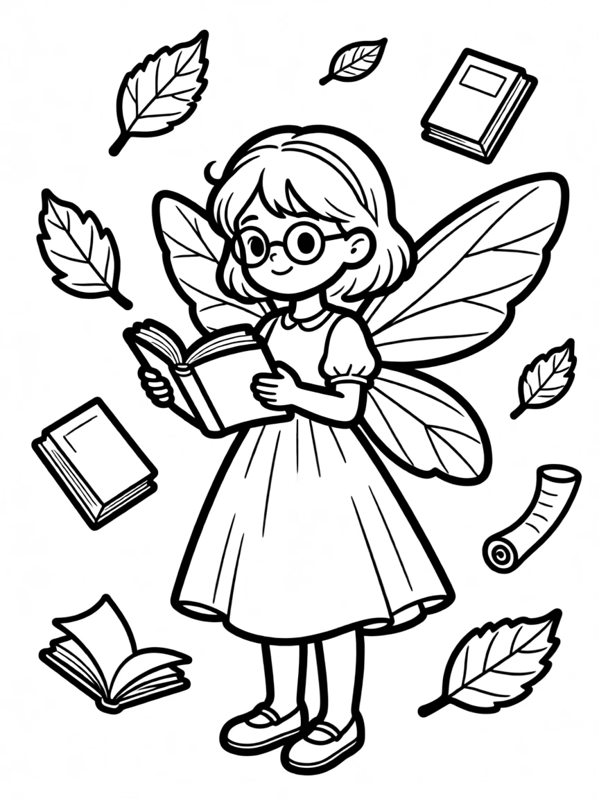 A fairy librarian surrounded by tiny books made of leaves and scrolls