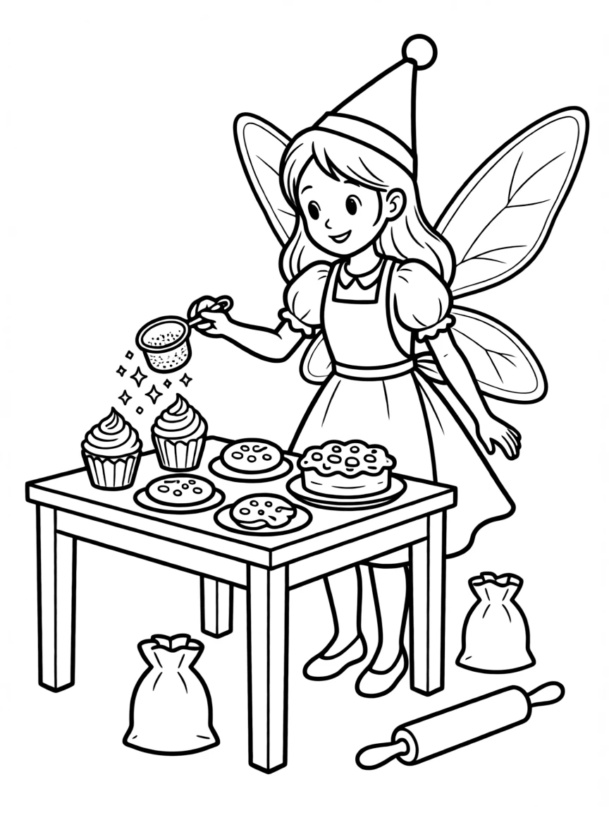 A baker fairy dusting pastries with magical sugar from a tiny sifter