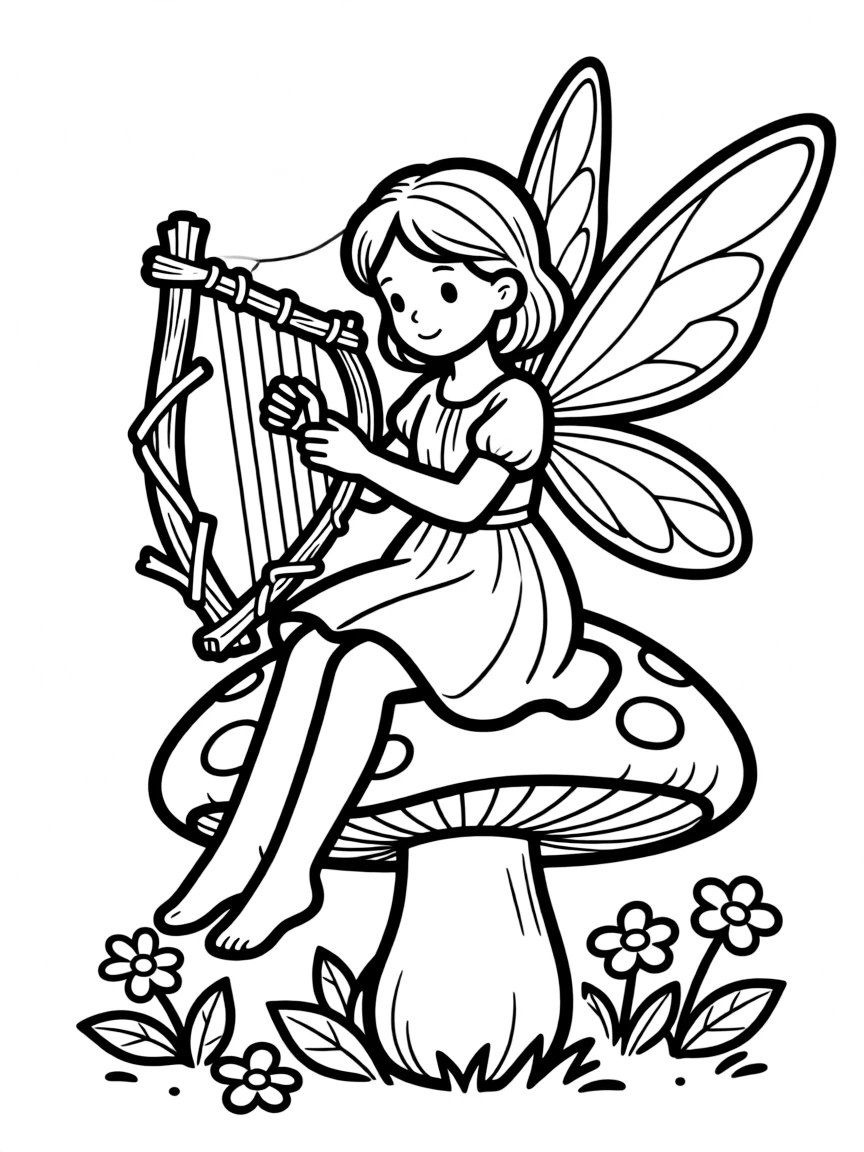 A fairy musician playing a harp made of spider silk and twigs