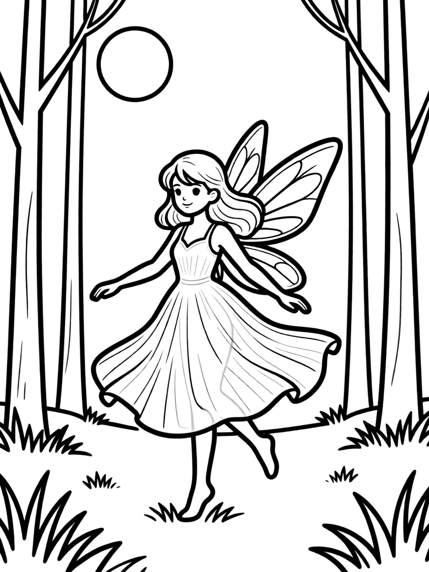 A fairy dancing in a moonlit clearing, her gossamer dress flowing around her