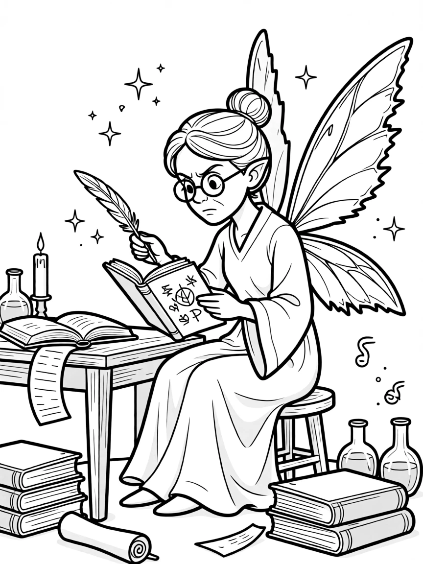 A grumpy elder fairy with spectacles reviewing magical spells