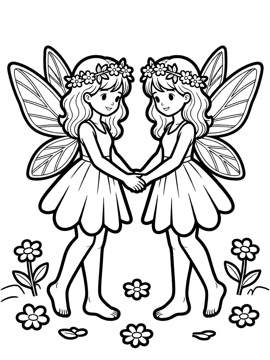 Twin fairy sisters with intertwined flower crowns holding hands