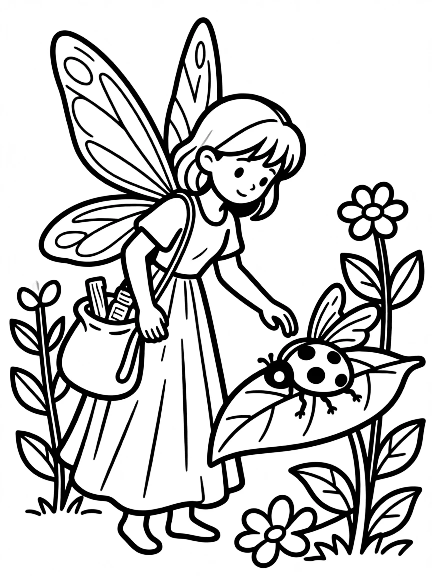 A fairy doctor with a bag of herbal remedies treating a wounded ladybug