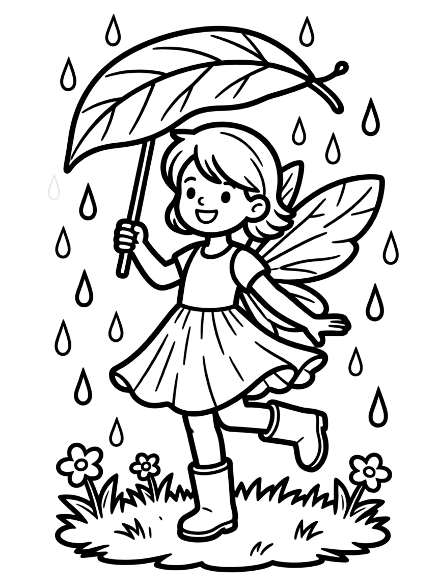 A fairy in rainboots and a leaf umbrella dancing in a rainstorm