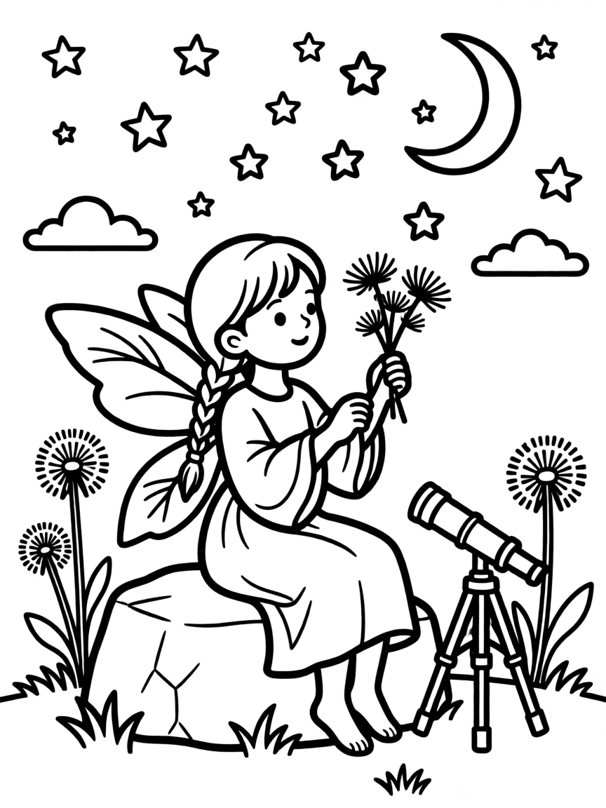 A fairy astronomer charting stars using dandelion seeds as measuring tools